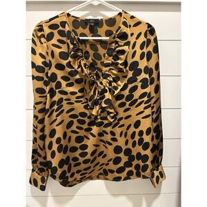 J.Crew Ruffle V-Neck Blouse XS Gold Black Polka Dot Long Sleeve Button Cuff Work